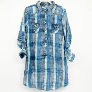RYAN Michael Womens Western Cowgirl Gauzy Cotton Blue Plaid Shirt Dress Tunic XL